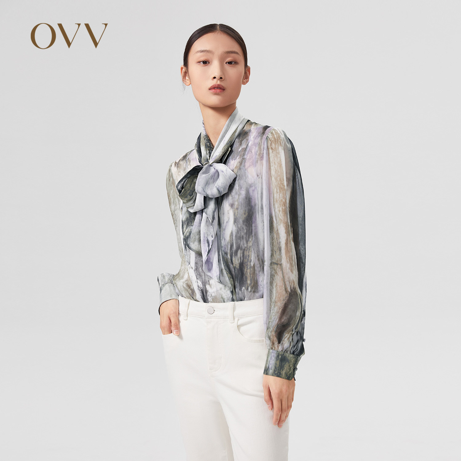 【爱情而已同款】OVV春夏热卖女装真丝雪纺印花大飘带休闲衬衫