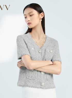 OVV春夏热卖女装时尚V领花纱休闲短袖针织开衫外套GWZAJ13013A