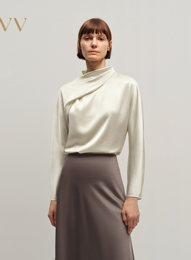 OVV2025秋冬新款日本进口三醋酸不对称卷褶领长袖上衣GNSAJ35112A