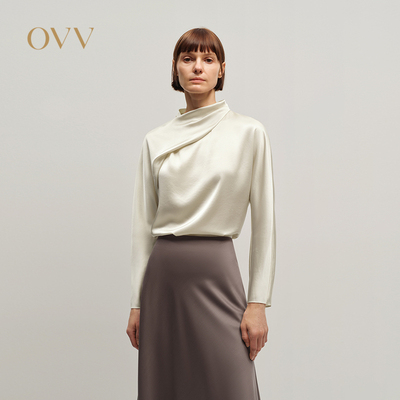 OVV2025秋冬新款日本进口三醋酸不对称卷褶领长袖上衣GNSAJ35112A