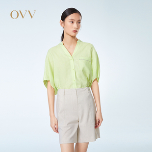 OVV春夏亚麻立领落肩珠链装饰短袖休闲衬衫GNECJ23012A
