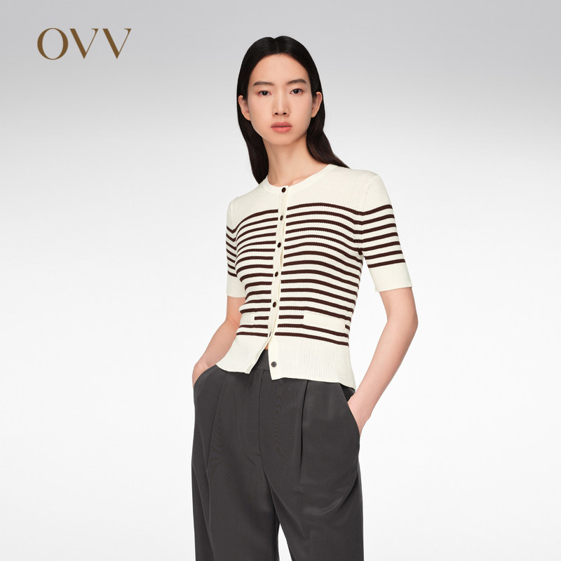 OVV春夏女装简约修身罗纹条纹设计短袖针织衫GNZBJ14017A - 实物图