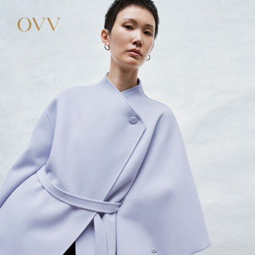 OVV秋冬女装贝壳刺绣装饰不对称斗篷羊毛双面呢大衣GWDAJ43102A