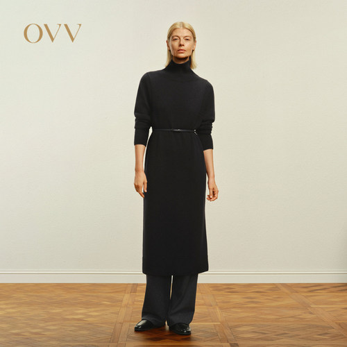 OVV秋冬女装高领直筒羊毛随附腰带长袖针织连衣裙GQZZJ34106A