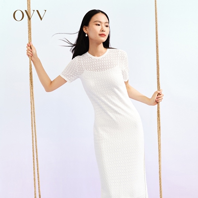 OVV春夏女装长绒棉H型包臀镂空假两件修身短袖针织裙GQZZJ13004A