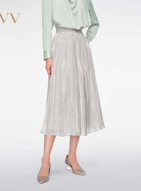 OVV春夏女装经典简约松紧腰中长款百褶半身裙GQDDJ14020A