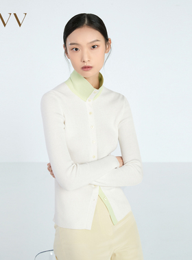 OVV春夏女装翻领撞色桑蚕丝棉质混纺长袖针织开衫外套GWZAJ13008A