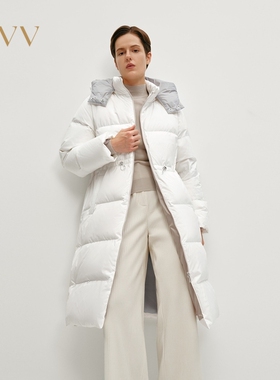 OVV秋冬女大横格绗线厚长款橡筋抽绳连帽羽绒服GWRAJ44116A