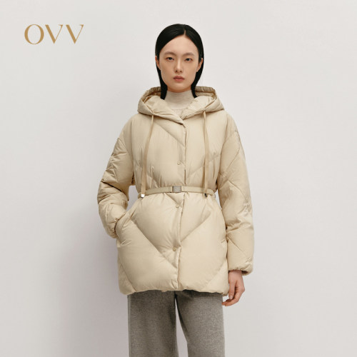 OVV秋冬女中长款连帽随附腰带直筒保暖羽绒服GWRAJ44108A