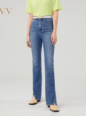 OVV秋冬女装意大利进口面料高腰修身开衩牛仔喇叭裤GKNAJ33107A
