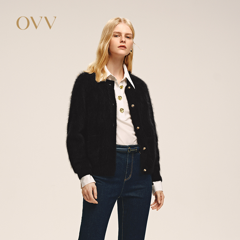 OVV2025秋冬新款简约优雅拉绒工艺休闲长袖羊绒开衫GWZAJ35110A