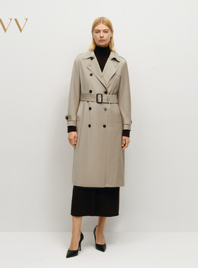 OVV秋冬女装复古双排扣经典版型翻领长款羊毛风衣GWFAJ34102A