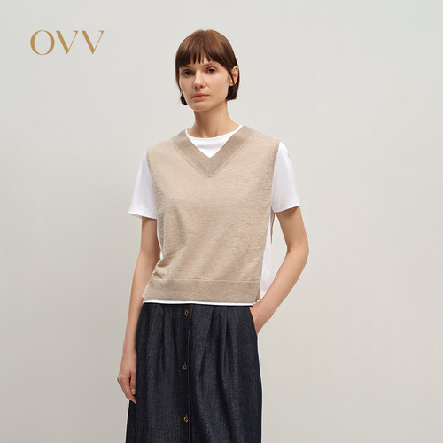 OVV秋冬热卖时髦撞色叠穿假两件设计短袖针织衫GNZBJ35111A