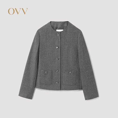 OVV2026秋冬新款女装复古千鸟格圆领休闲肌理夹克外套GWJFJ36110A