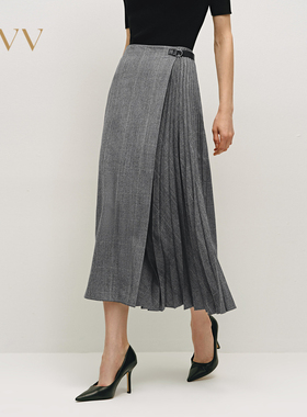 OVV秋冬女装精纺羊毛格纹单侧百褶设计半身裙GQDDJ34118A