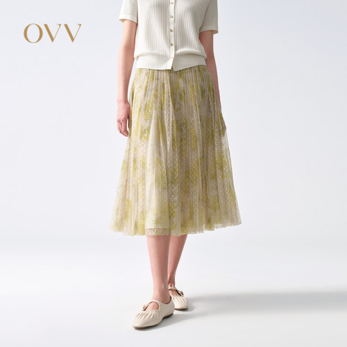 OVV2026春夏新款波点花朵印花中长A字型纱裙半身裙GQDDJ16041A