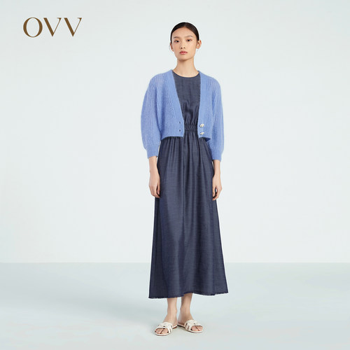 OVV春夏女装马海毛羊毛混纺泡泡七分袖短款针织开衫GWZAJ13007A