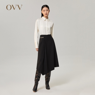 OVV秋冬新款 通勤半身裙 饰精纺羊毛时尚 女不对称链条装