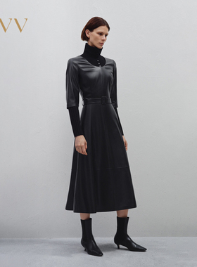OVV秋冬新款U领中袖随附腰带中长款小黑裙连衣裙GQLCJ33102A
