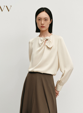 OVV秋冬女装缎面醋酸肌理感圆领扭结设计长袖衬衫GNSAJ34103A