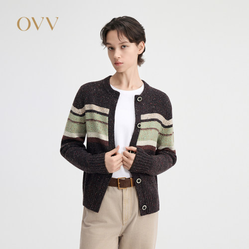 OVV2026秋冬新款复古杂彩条纹羊毛混纺针织开衫外套GWZAJ36104A