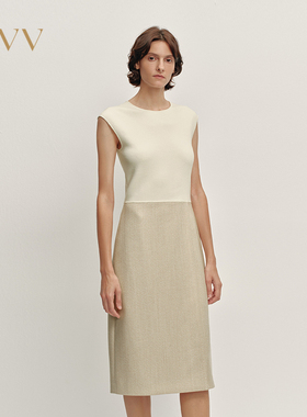 OVV2025秋冬新款撞色针梭镶拼优雅高级基础圆领连衣裙GTAEJ35104A