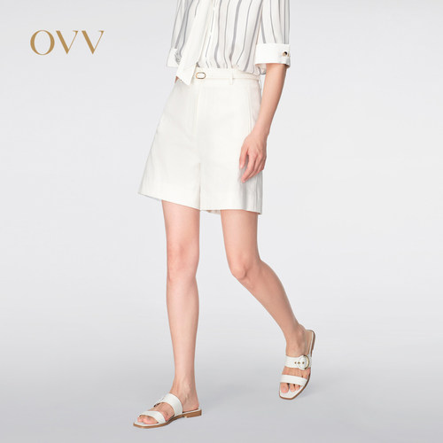 OVV春夏新款女装棉麻混纺随附腰带经典直筒休闲短裤GKSCJ24004A