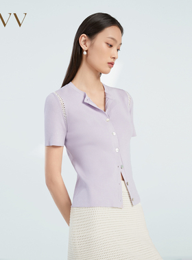 OVV春夏女装醋酸棉质混纺基础圆领镂空织带短袖针织衫GNZBJ13019A