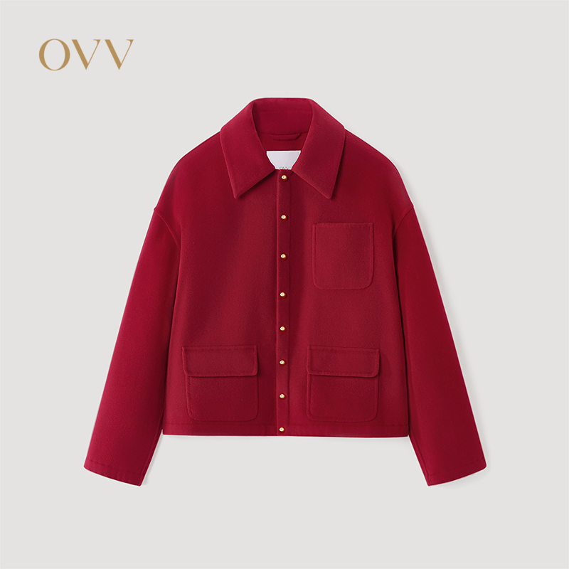 【新年红系列】OVV2026春夏新款女装翻领羊毛休闲夹克GWJFJ16003A