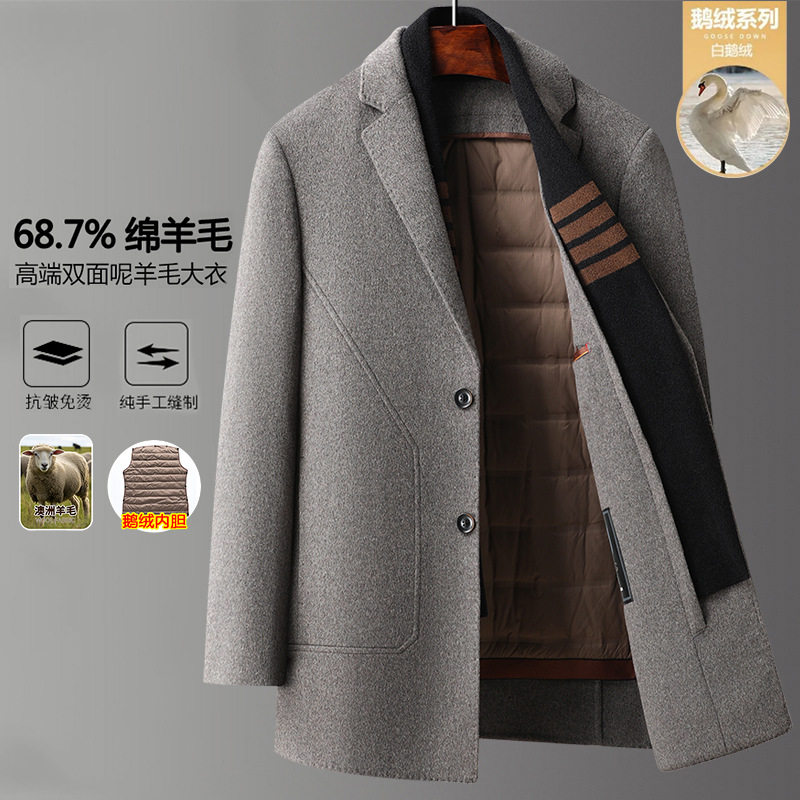 呢楷男士新款羊毛呢大衣冬季鹅绒内胆中长款商务外套可脱卸围巾