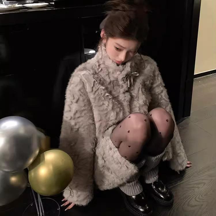 月影少女立领染尖仿皮草冬季环保水貂毛绒中长款皮毛一体大衣外套