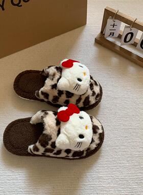 ky豹纹猫棉拖鞋秋冬季可爱毛毛拖鞋毛绒防滑臭家居室内2024新款