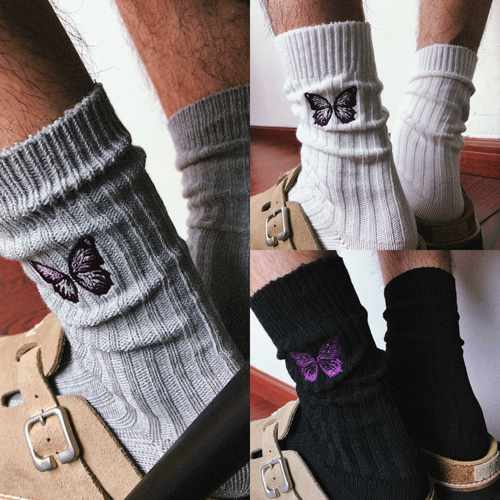 TREETALLIFE刺绣紫蝴蝶情侣袜