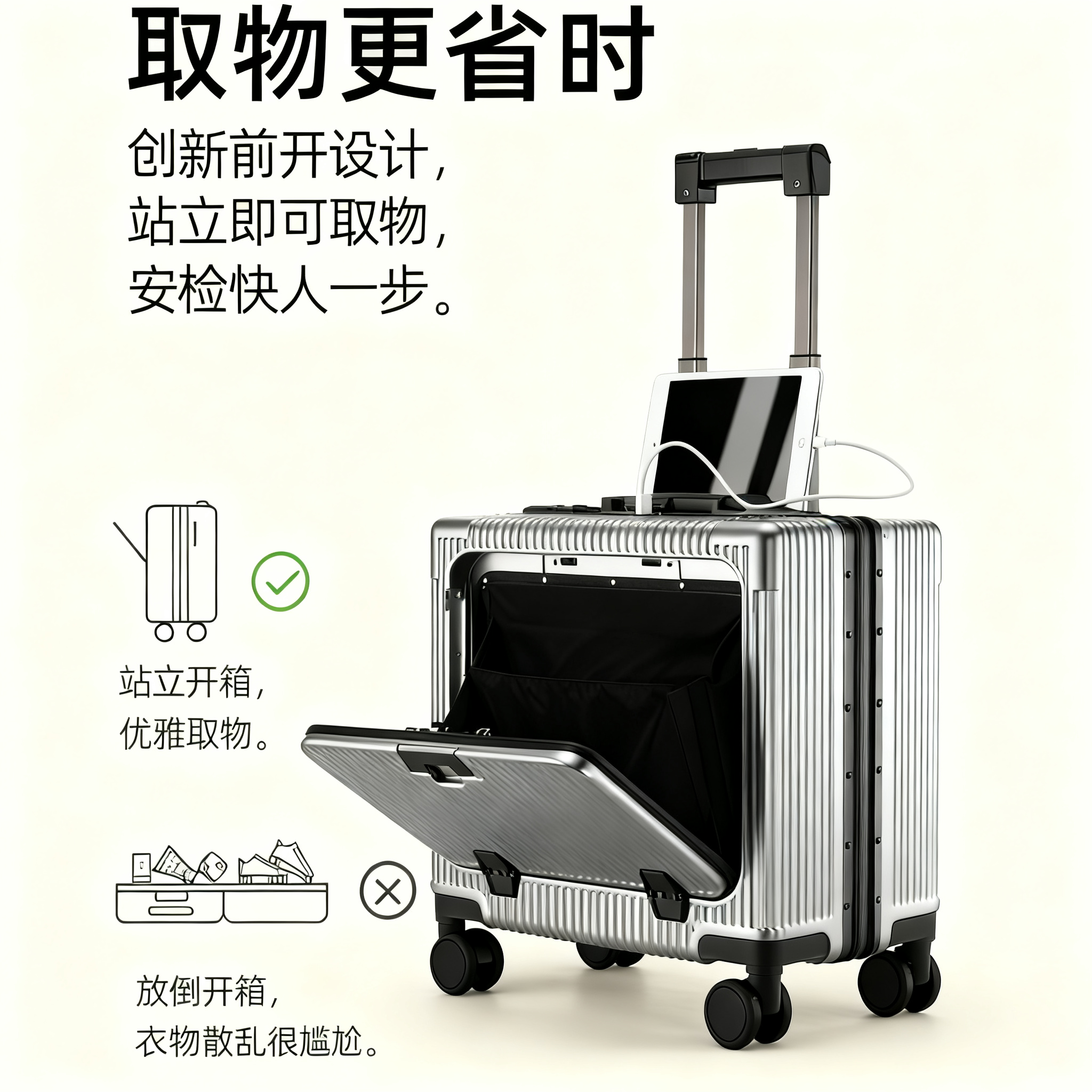 前开盖可登机行李箱男女16寸铝框