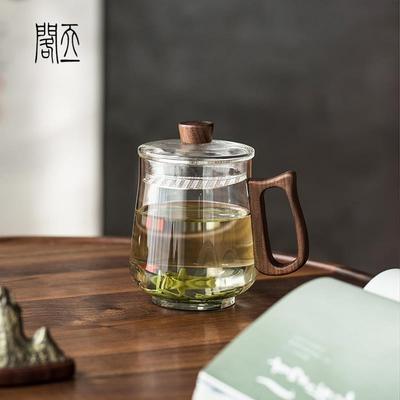 天一阁丨茶水分离三件杯高档办公玻璃泡茶杯大容量月牙过滤绿茶杯