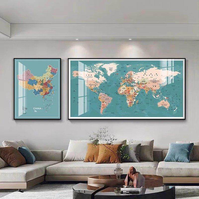 中英文中国世界地图双联装饰画客厅沙发背景墙挂画书房办公室壁画