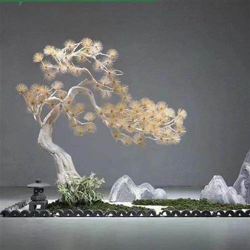 仿真松树迎客松罗汉松马尾松假树牙签松木雕造景高端枯树玄关摆件