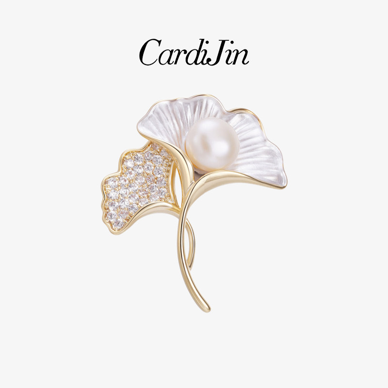 Cardijin银杏叶胸针高档女轻奢优雅珍珠胸花西装大衣别针生日礼物
