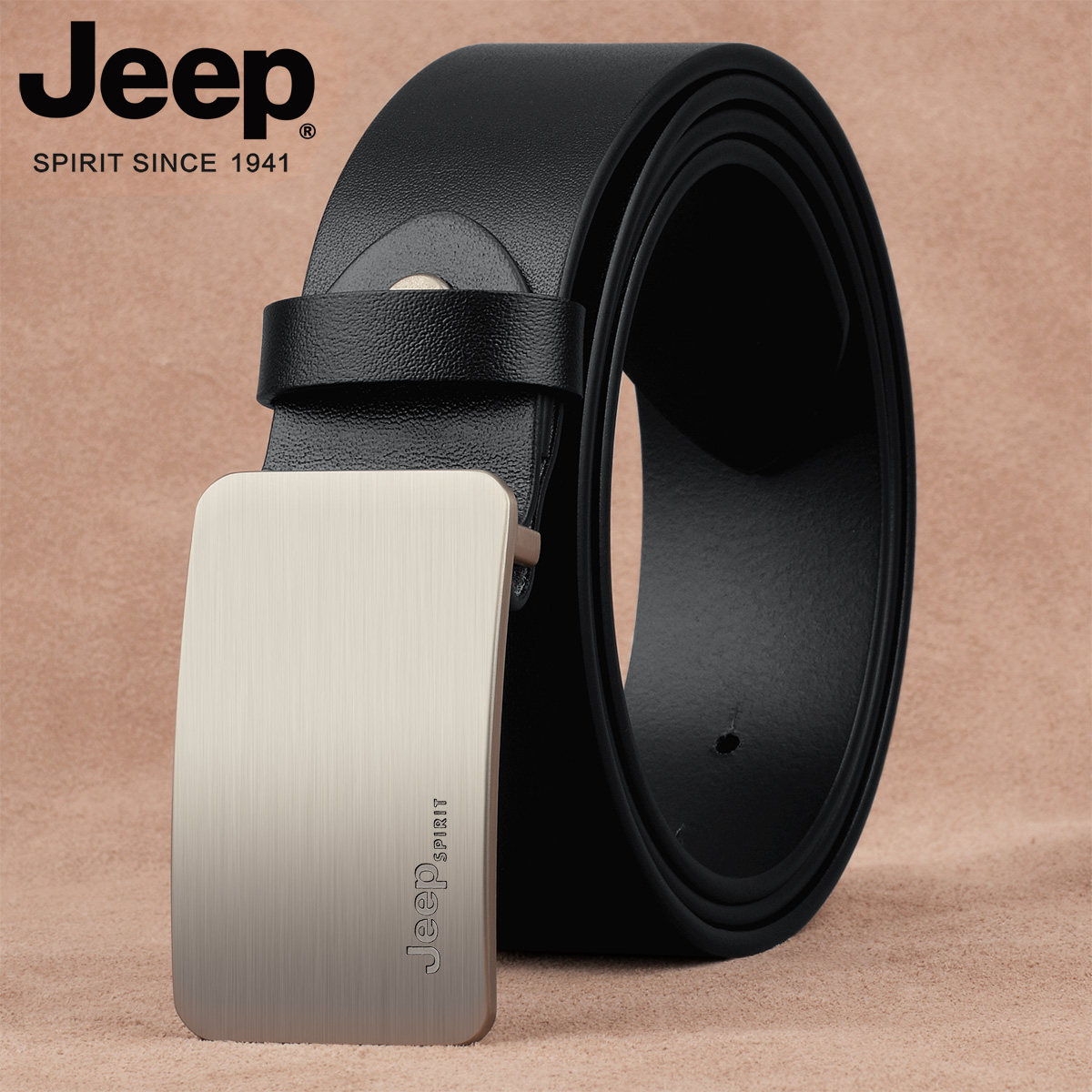 JEEP SPIRIT皮带男真皮腰带年轻人平滑扣头层纯牛皮休闲板扣潮光