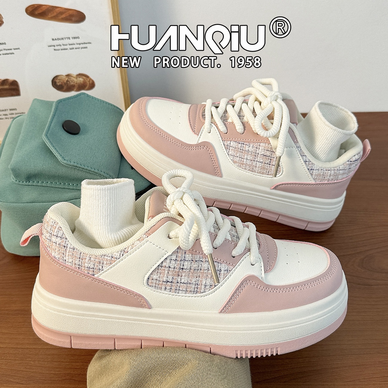 环球新品樱花粉厚底休闲小白鞋子