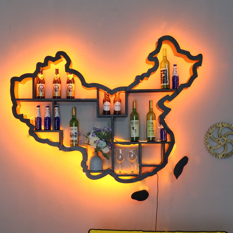 酒吧红酒柜墙上家用壁挂书架铁艺发光中国地图展示酒架置物书架柜