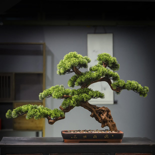 新中式仿真迎客松盆景办公室玄关摆件绿植假树酒店样板间装饰品