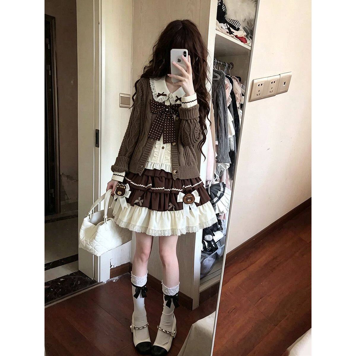 焦糖可颂 日系可爱软妹学院风针织开衫+衬衫+半身裙三件套女新款