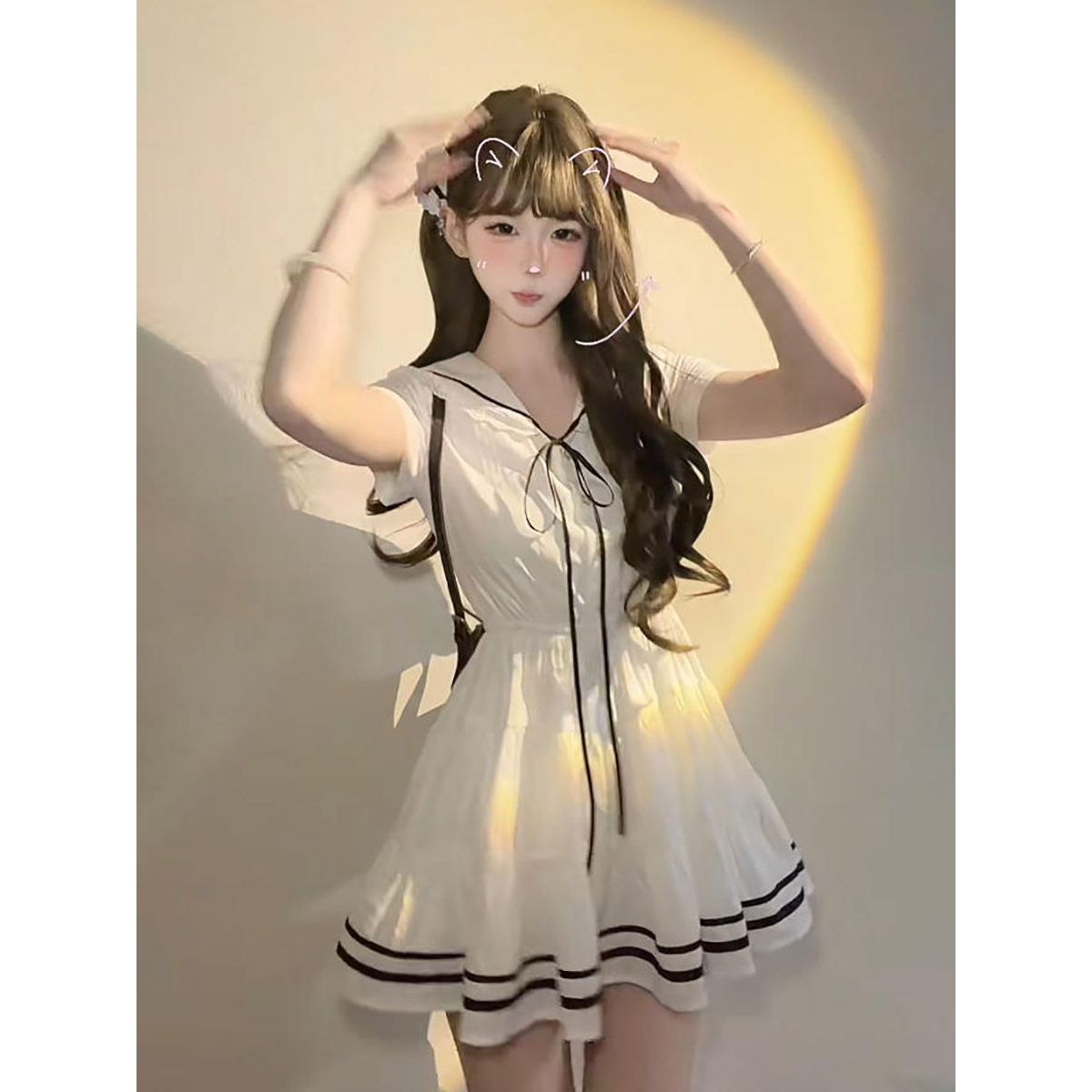 午夜甜心 日系少女风纯色海军领连衣裙设计感温柔收腰显瘦短裙女