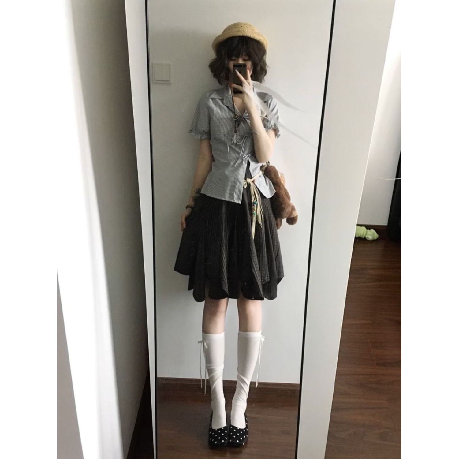 复古学院风系带收腰格子衬衫+不规则半身裙女夏季减龄通勤两件套