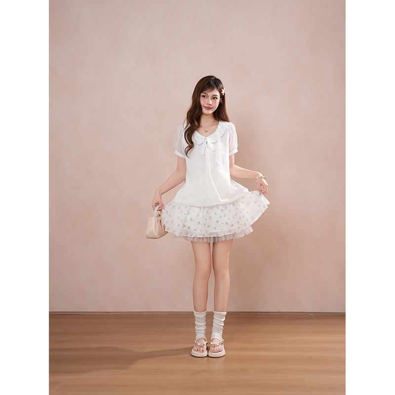 古早日系女主甜美设计感夏季娃娃领短袖上衣碎花短半裙可爱两件套