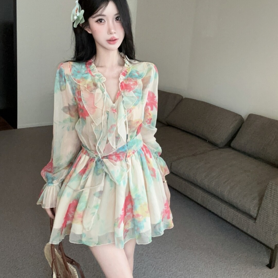 春夏清透美艳显白碎花雪纺连衣裙
