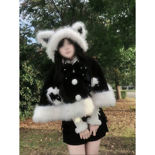 【罐头月光】 Lolita黑白冬季新款蝴蝶结软妹斗篷外套+短裙两件套
