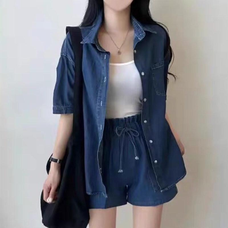 高级感仿牛仔套装女夏季宽松休闲运动服短袖衬衫短裤两件套小个子