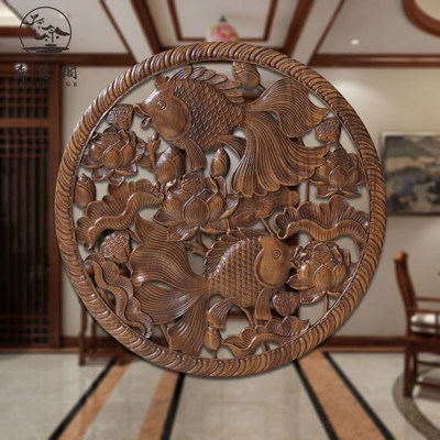 东阳木雕香樟实木圆形挂件中式客厅玄关过道背景墙装饰画雕刻壁挂